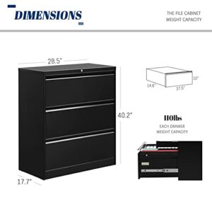 Black Lateral File Cabinet with Lock, 3 Drawer Metal Filing Cabinet for Legal / Letter Size, Locking Office File Cabinet with Drawers, Large File Drawer Cabinet with Printer Stand for Home Office