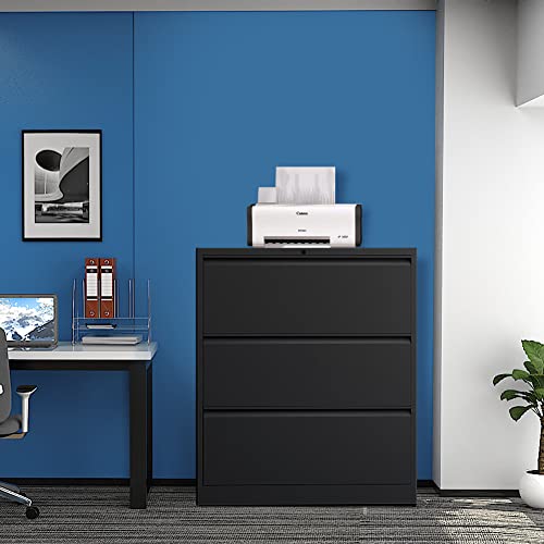 Black Lateral File Cabinet with Lock, 3 Drawer Metal Filing Cabinet for Legal / Letter Size, Locking Office File Cabinet with Drawers, Large File Drawer Cabinet with Printer Stand for Home Office