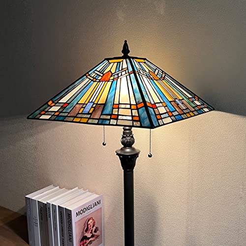 COTOSS Tiffany Floor Lamp,Stained Glass Lamp Shade,Vintage Antique Style Standing Double Light for Living Room & Bedroom