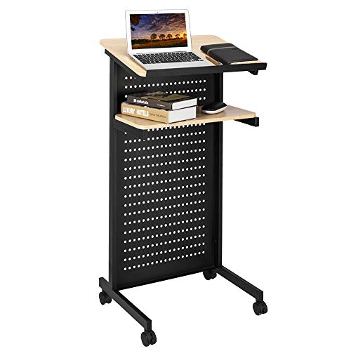 Bonnlo Mobile Wheeled Lectern Standing Podium, Portable Lecture Speech Teach Platform for Classroom Church or Ceremony, Multi-Function Reading or Laptop Desk, Table w/Tilted Top Board & Edge Stopper