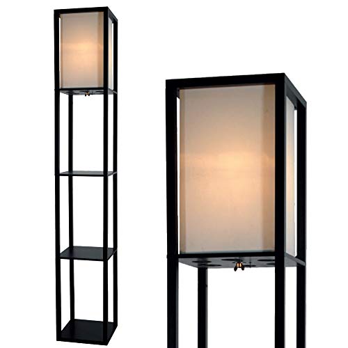 Floor Lamp with Shelves - Room Light by LIGHTACCENTS - Corner Storage Standing Bookshelf Lamp - Bedroom Light with Wooden Storage Shelves and White Cotton Linen Shade (Black)