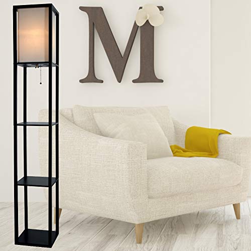 Floor Lamp with Shelves - Room Light by LIGHTACCENTS - Corner Storage Standing Bookshelf Lamp - Bedroom Light with Wooden Storage Shelves and White Cotton Linen Shade (Black)