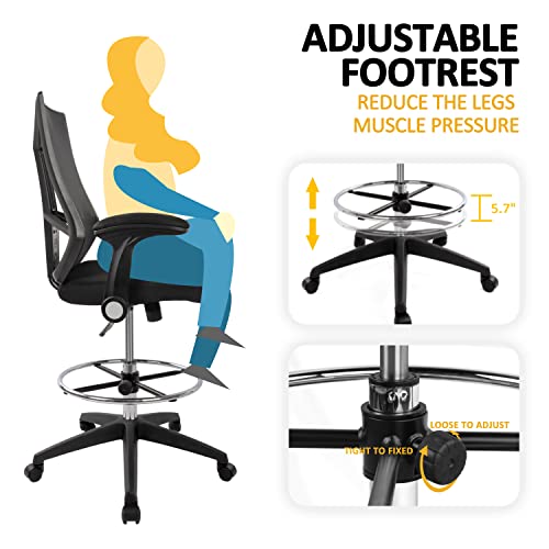 Drafting Chair, Ergonomic High Back Tall Office Chair, Standing Desk Chair Mesh Drafting Stool with Adjustable Foot Ring and Flip-Up Arms(Black)