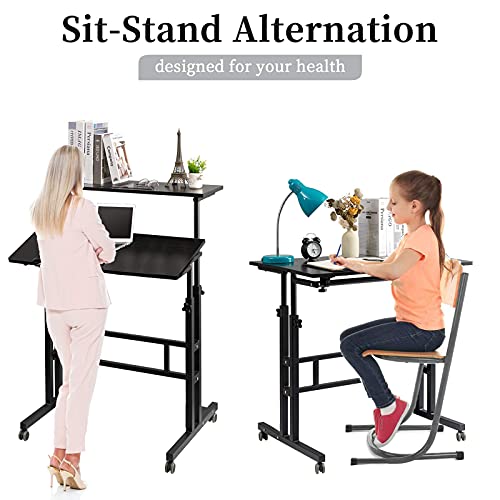 SIDUCAL Mobile Standing Desk, Rolling Standing Desk Laptop Cart on Wheels, Adjustable Table Computer Workstation Home Office for Stand Up, Black