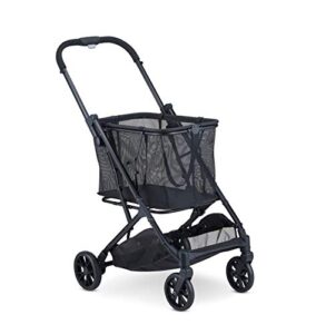 joovy boot shopping cart featuring 70 lbs total weight capacity, stylish removable tote, swivel tires for easy steering, one-handed compact fold, and one-step parking brake (black frame)