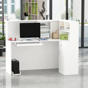 agoteni reception desk reception stations with open shelf & drawers, l shape reception table wooden computer desk for office reception room, white