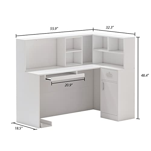 AGOTENI Reception Desk Reception Stations with Open Shelf & Drawers, L Shape Reception Table Wooden Computer Desk for Office Reception Room, White