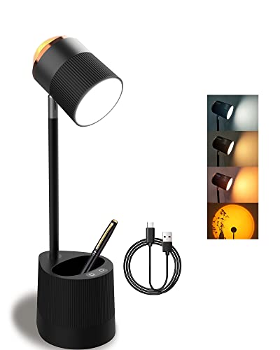 Flymuda LED Desk Lamp with Sunset Lamp, Pen Holder, Led Reading Lamp with 3 Color Modes, 360° Rotation, Battery Operated, Touch Control, Sunset Night Light & Desk Lamp 2 in 1 for Home Office - Black