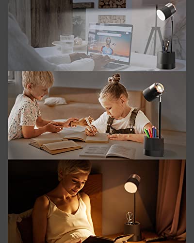 Flymuda LED Desk Lamp with Sunset Lamp, Pen Holder, Led Reading Lamp with 3 Color Modes, 360° Rotation, Battery Operated, Touch Control, Sunset Night Light & Desk Lamp 2 in 1 for Home Office - Black