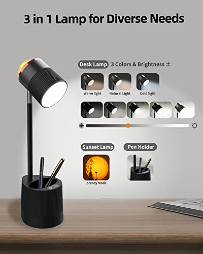 Flymuda LED Desk Lamp with Sunset Lamp, Pen Holder, Led Reading Lamp with 3 Color Modes, 360° Rotation, Battery Operated, Touch Control, Sunset Night Light & Desk Lamp 2 in 1 for Home Office - Black