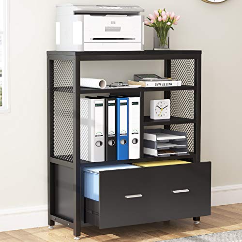 Tribesigns Wood Lateral File Cabinet with Drawer for Letter Size, Large Modern Filing Cabinet Printer Stand with Metal Wire Open Storage Shelves for Home Office (Black)