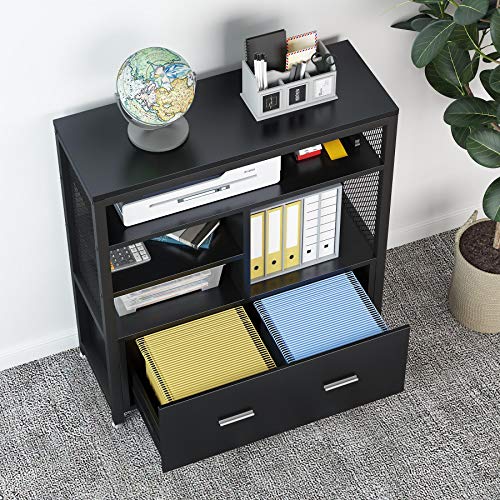 Tribesigns Wood Lateral File Cabinet with Drawer for Letter Size, Large Modern Filing Cabinet Printer Stand with Metal Wire Open Storage Shelves for Home Office (Black)