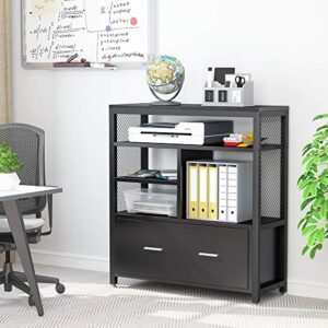 Tribesigns Wood Lateral File Cabinet with Drawer for Letter Size, Large Modern Filing Cabinet Printer Stand with Metal Wire Open Storage Shelves for Home Office (Black)