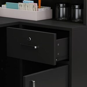 AIEGLE L-Shaped Reception Desk Counter Table with Lockable Drawers & Storage Shelves, Private Workstation for Salon Reception Room Checkout Office, Black (55.9" L x 32.3" W x 48.4" H)