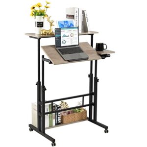 hadulcet mobile standing desk, rolling table adjustable computer desk, stand up laptop desk mobile workstation for home office classroom with wheels, 31.49 x 23.6 in light grey