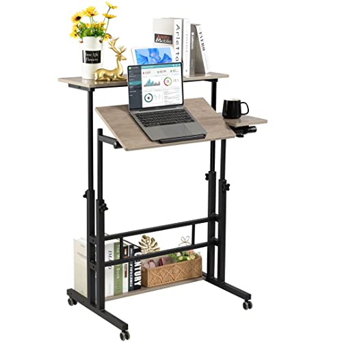 Hadulcet Mobile Standing Desk, Rolling Table Adjustable Computer Desk, Stand Up Laptop Desk Mobile Workstation for Home Office Classroom with Wheels, 31.49 x 23.6 in Light Grey