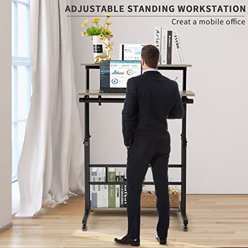 Hadulcet Mobile Standing Desk, Rolling Table Adjustable Computer Desk, Stand Up Laptop Desk Mobile Workstation for Home Office Classroom with Wheels, 31.49 x 23.6 in Light Grey