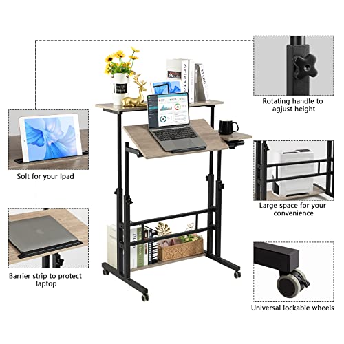 Hadulcet Mobile Standing Desk, Rolling Table Adjustable Computer Desk, Stand Up Laptop Desk Mobile Workstation for Home Office Classroom with Wheels, 31.49 x 23.6 in Light Grey