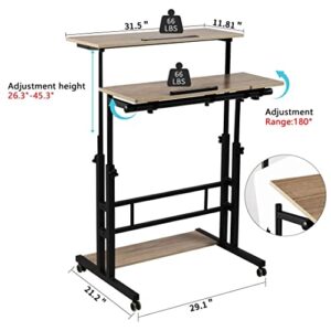 Hadulcet Mobile Standing Desk, Rolling Table Adjustable Computer Desk, Stand Up Laptop Desk Mobile Workstation for Home Office Classroom with Wheels, 31.49 x 23.6 in Light Grey