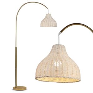 brightech lark arc lamp for living rooms & offices, floor lamp with unique hanging wicker shade, standing lamp for bedroom reading, tall lamp matches boho and other living room decor