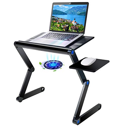 Upgraded Aluminum Laptop Stand Adjustable with Cooling Fan and Mouse Pad, Reinforced Ergonomic Lap Desk Foldable Portable Computer Table for Bed Sofa Couch Office (Extra Wide Tray: 19", Black)