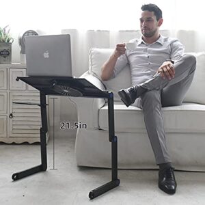 Upgraded Aluminum Laptop Stand Adjustable with Cooling Fan and Mouse Pad, Reinforced Ergonomic Lap Desk Foldable Portable Computer Table for Bed Sofa Couch Office (Extra Wide Tray: 19", Black)