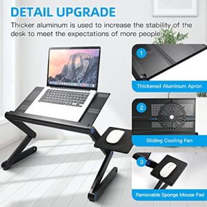 Upgraded Aluminum Laptop Stand Adjustable with Cooling Fan and Mouse Pad, Reinforced Ergonomic Lap Desk Foldable Portable Computer Table for Bed Sofa Couch Office (Extra Wide Tray: 19", Black)