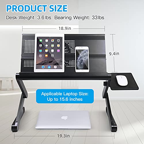 Upgraded Aluminum Laptop Stand Adjustable with Cooling Fan and Mouse Pad, Reinforced Ergonomic Lap Desk Foldable Portable Computer Table for Bed Sofa Couch Office (Extra Wide Tray: 19", Black)