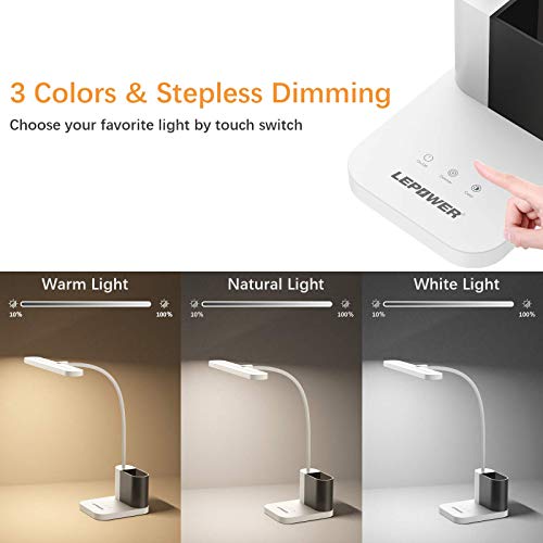 LEPOWER 700LM LED Desk Lamp with Pen Holder, 12W Gooseneck Study Desk Lamp with 3 Colors, Dimmable LED Table Lamp for Home Office, College Dorm, Bedroom, Kids (White)