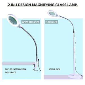 FHHKAAD 2 in 1 Magnifying Floor Lamp 5X with Bright LED Light Adjustable，Flexibility Magnifier Lamp for Reading，Sewing，Repair，Crafts & Hobbies -12W - White