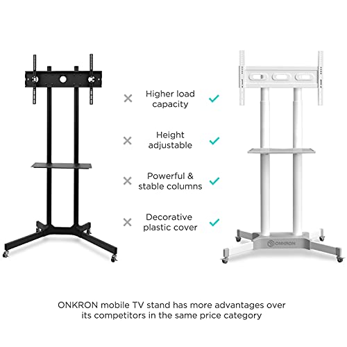 ONKRON Mobile TV Stand with Wheels Rolling TV Stand for 40-65 Inch LED LCD Flat or Curved Screen TVs up to 100 lbs - Height Adjustable TV Cart with Shelves - max VESA 600x400 (TS1351) White