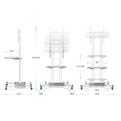 ONKRON Mobile TV Stand with Wheels Rolling TV Stand for 40-65 Inch LED LCD Flat or Curved Screen TVs up to 100 lbs - Height Adjustable TV Cart with Shelves - max VESA 600x400 (TS1351) White