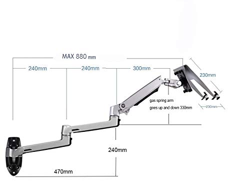 XSJ8013WT Wall Mount Laptop Holder Ultra Long Arm Aluminum Mechanical Spring Full Motion Laptop Mount Arm Monitor Holder Lapdesk (Silver)