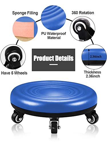 Lanstics Low Roller Seat Wheel Stool Chair PU Leather Rolling Stool Seats on Wheels for Home Office Fitness Round Roller Seat Stool (Blue)