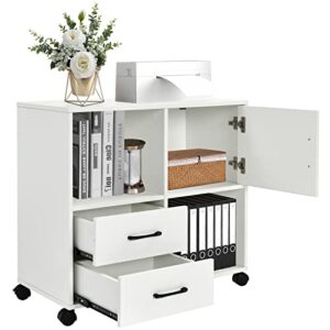 giantex printer stand under desk – mobile file cabinet with 2 drawers, lateral cabinet, 2 open compartments, lateral rolling filing cabinet on wheels for home & office use printer table (white)
