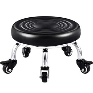 lorvain low stool with wheels, roller seat short rolling stools with universal swivel caster wheels leather little low small stools on wheels for home garage to sit on- black