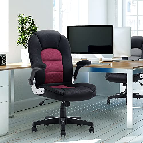 SEATZONE Soft Padded Mid-Back Office Computer Desk Chair, Upholstery Mesh Chair with Flip-up Arms and Wheels, Red and Black