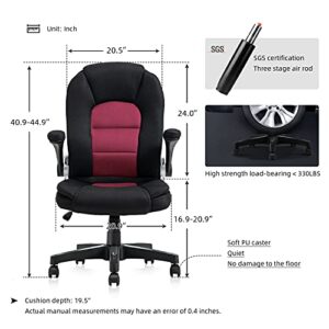 SEATZONE Soft Padded Mid-Back Office Computer Desk Chair, Upholstery Mesh Chair with Flip-up Arms and Wheels, Red and Black