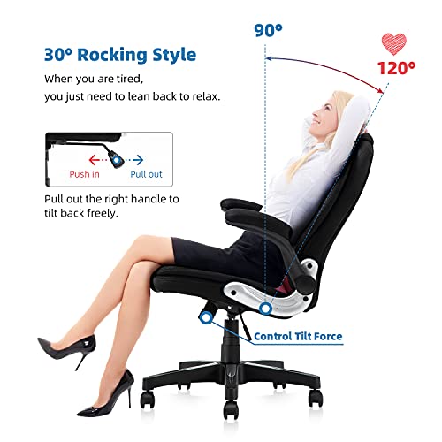 SEATZONE Soft Padded Mid-Back Office Computer Desk Chair, Upholstery Mesh Chair with Flip-up Arms and Wheels, Red and Black