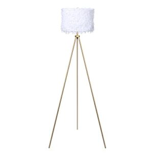 modern tripod floor lamp for bedroom, living room, gold floor lamps with white cloth fabric shade, faux feather tassels finish