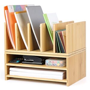 bamboo office desk accessories workspace organizer with storage drawers,2 paper tray and 5 upright slots,file sorter folder holders desktop organization,desk supplies for women office home school…