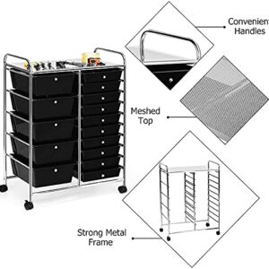 Squareful 15-Drawer Storage Cart, Mobile Rolling Utility Cart w/ Wheels, Multipurpose Organizer Cart for Tools, Scrapbook, Paper, Ideal for Home Office School (Black)