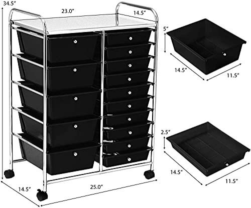 Squareful 15-Drawer Storage Cart, Mobile Rolling Utility Cart w/ Wheels, Multipurpose Organizer Cart for Tools, Scrapbook, Paper, Ideal for Home Office School (Black)