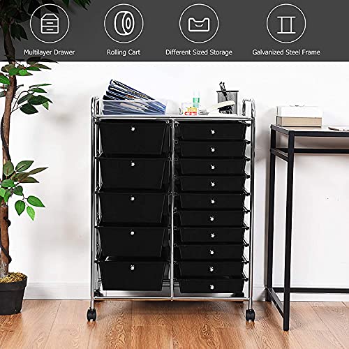 Squareful 15-Drawer Storage Cart, Mobile Rolling Utility Cart w/ Wheels, Multipurpose Organizer Cart for Tools, Scrapbook, Paper, Ideal for Home Office School (Black)