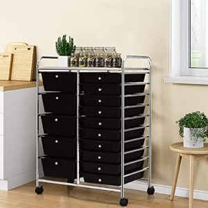 Squareful 15-Drawer Storage Cart, Mobile Rolling Utility Cart w/ Wheels, Multipurpose Organizer Cart for Tools, Scrapbook, Paper, Ideal for Home Office School (Black)