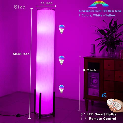 CAUDTK Column Floor Lamps Remote Control Dimmable 61 Inch 3 Smart Light Bulbs Color Changing Modern LED RGB Tall Standing Lamp for Living Room Bedroom Kids Room