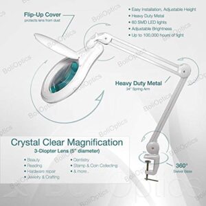 (5 inch Glass Lens) Professional LED Magnifying Lamp with Clamp, Dimmable, 1200 Lumens 5600K-6000K Daylight Bright 60 SMD LED, Work Light Mounting Bracket Clamp (3 Diopter) BoliOptics MG16303121