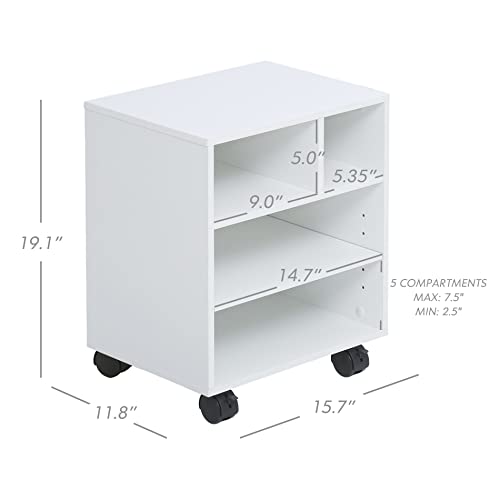 FITUEYES White Printer Stand, Under Desk Mobile Printer Table with Adjustable Storage Compartments, Home Office Wood Work Cart with Wheels, PS404005WW