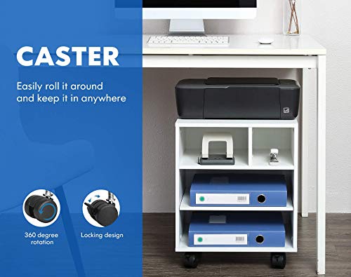 FITUEYES White Printer Stand, Under Desk Mobile Printer Table with Adjustable Storage Compartments, Home Office Wood Work Cart with Wheels, PS404005WW