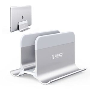 orico vertical laptop holder sturdy aluminum laptop stand vertical with adjustable dock size, space saving, compatible with all macbook/surface/dell/gaming laptops silver